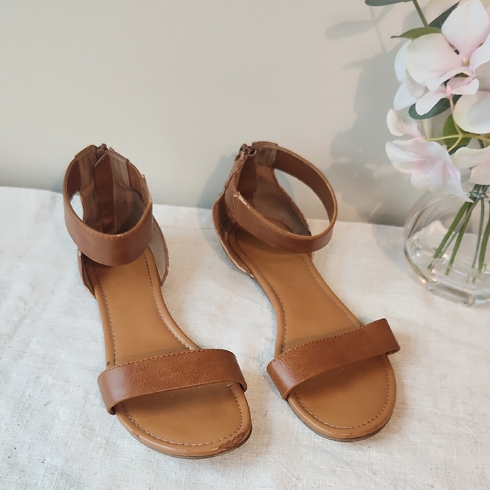 Brown Leather Sandals with Ankle Strap and Covered Zip-Up Heel Size 8